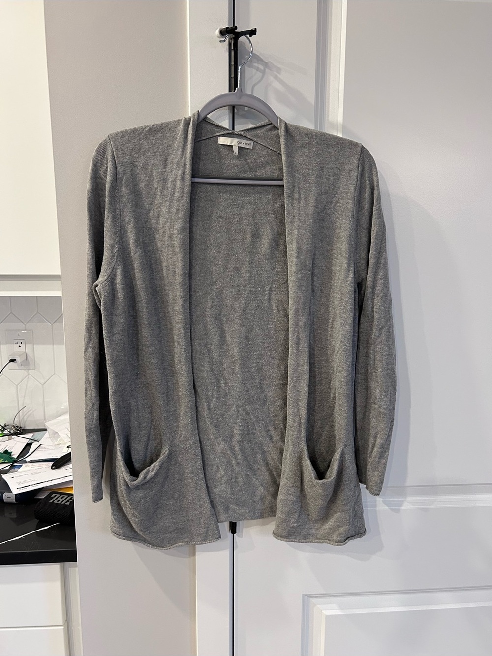 Oak + Fort Gray Open Front Cardigan Sweater Patch Pockets Relaxed Fit Layering